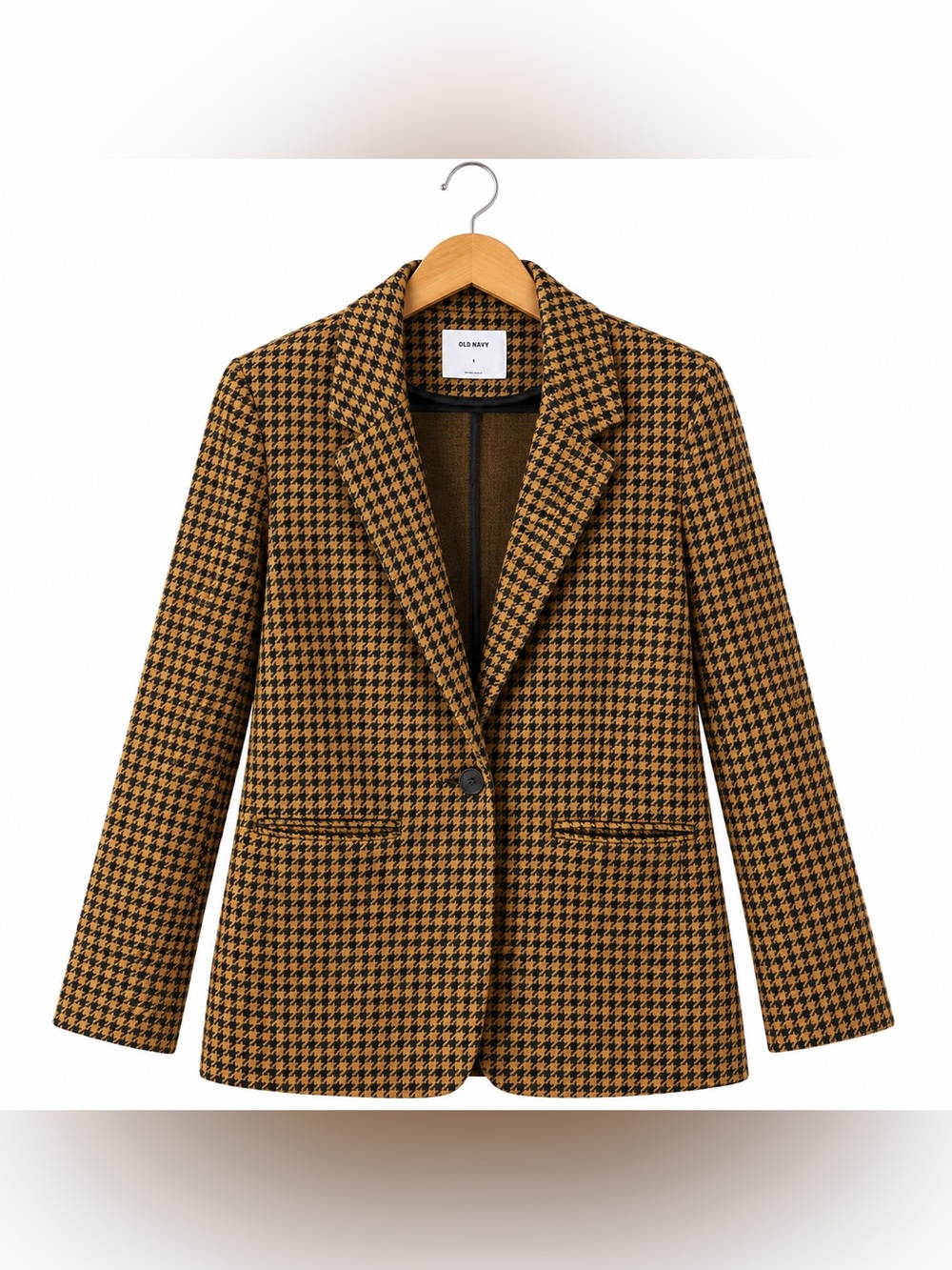 Old Navy Mustard Black Houndstooth Blazer Small Tailored Preppy Heritage Chic